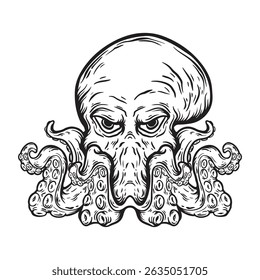 illustration art hand drawn black and white scary octopus tatoo logo and t-shirt design