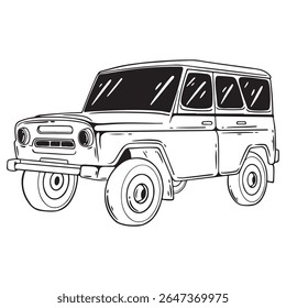 ilustração arte mão desenhada preto e branco jipe carro tatuagem e t-shirt design