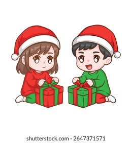 illustration art hand drawn cute chibi boy and girl wearing christmas winter outfit and bring gift for christmas character design