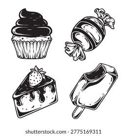 illustration art hand drawn cute sweet foods ice cream, cup cake, cheese cake, candy sticker icon