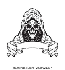illustration art hand drawn skull wearing cloak tatoo logo and t-shirt design