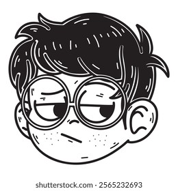 illustration art head cute sulky boy wearing glasses black and white tattoo sticker an t-shirt design