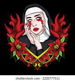 illustration art the nun with engraving flower tattoo and tshirt design