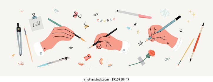 Illustration of art process. Hands holding pencil and brush. Drawing, workshop, handwriting, painting, art process, painter. Different positions of hands, fist, wrist, palm.