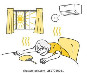 Illustration art of a senior woman with heat stroke indoors