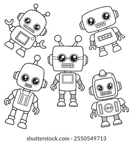 illustration art set cute robot line art coloring book sticker design