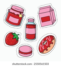 illustration art  set of strawberry food donut milk jam and macaroon vector design