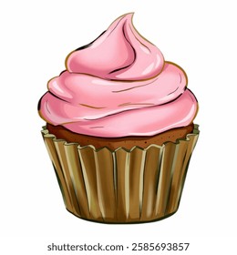 Illustration art of single cupcake topped with smooth pink frosting and no additional decorations, isolated on a white background for dessert or baking-themed content.