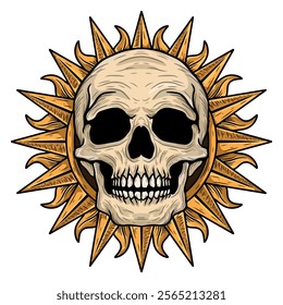 illustration art skull with sun engraving sun frame ornament tattoo and t-shirt design