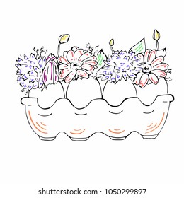 Illustration or art with a spring mood - shells from eggs with flowers and leaves painted in style doodle, for easter in colors