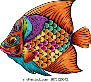 The Illustration of art surgeon fish zentangle with the rainbow colour on the body with orange fins and tail