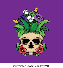 illustration art tattoo and t-shirt design skull with flower 