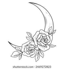 illustration art tattoo and t-shirt design engraving moon with rose flower