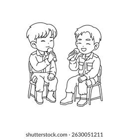 illustration art two cute boy singing on the chair vector line art design