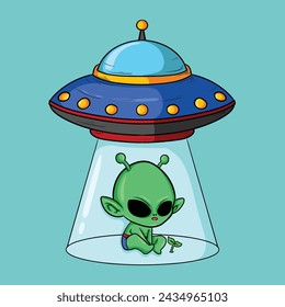 illustration art UFO with cute aliens