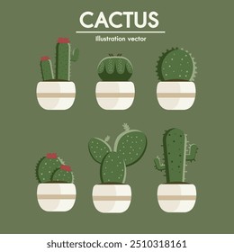 Ilustração arte vetor cactos e belas plantas em vasos para uso como decoração ou como referência em design.