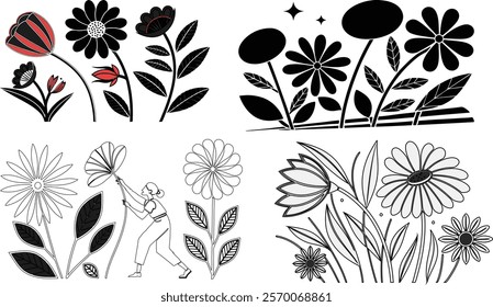 illustration, art, vector, design, flower, abstract, nature, plant, background, floral, botanical, silhouette, print, leaf, set, graphic, icon, card, element, drawing, symbol, modern, rose, pattern 