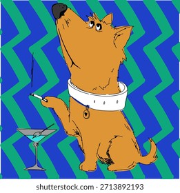 Illustration art vector, hand drawn, line, cute character dog with a cocktail and a cigarette, joke, poster
