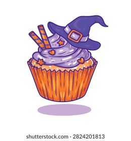 illustration art vector hand drawn cupcake with hat witch toping for halloween sticker desigfn