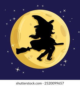 illustration art witch flying on a broomstick on the background of the moon