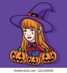 illustration art the witch with pumpkin character design