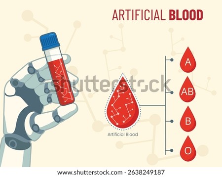 Illustration of artificial blood held by robotic hand showing universal compatibility with all blood groups in a medical innovation concept
