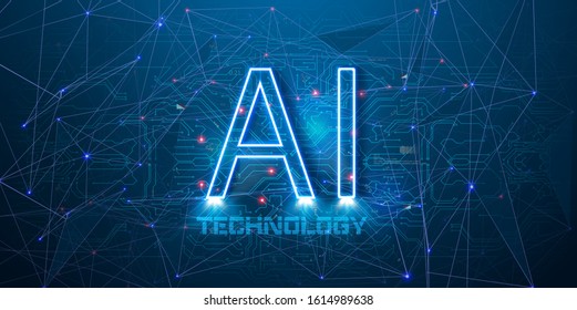 Illustration Of Artificial Intelligence (AI) With Blue Neon AI Text On A Printed Circuit Board Background. Abstract The Concept Of Cyber Technology And Automation.  Futuristic, Robotics. Banner Modern