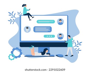 Illustration with artificial intelligence chat bot, icons robot in the computer and chatting. The computer is surrounded by characters of people with a phone who communicate with the chat bot.