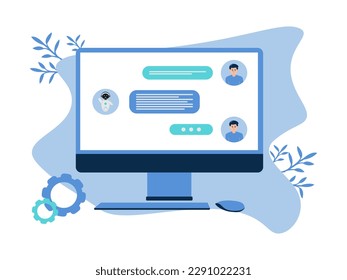 Illustration with artificial intelligence chatbot, computer robot icons and chatting communication. A human and chatbot chat is shown on the computer screen.