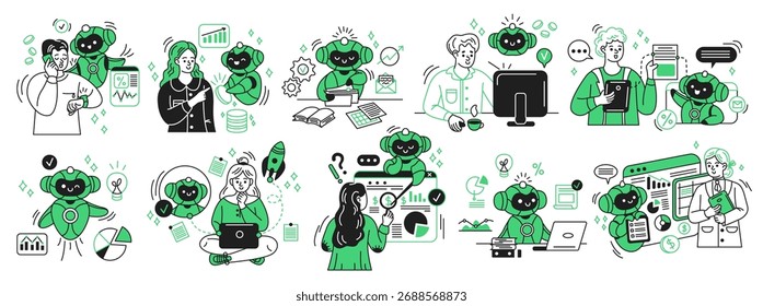 Ilustración de inteligencia artificial y humanos colaborando en entornos empresariales y tecnológicos. Los colores brillantes y el estilo moderno destacan el trabajo en equipo en el análisis de datos y la gestión de proyectos.