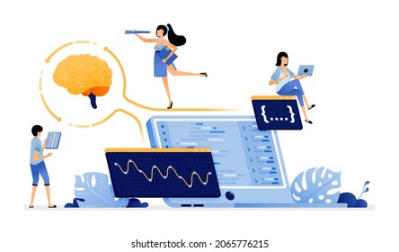 illustration of artificial intelligence technology analyzes programs by displaying statistical data from apps. Vector design for landing page, web, website, mobile apps, poster, flyer, ui ux