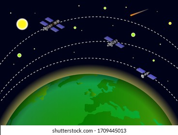 Illustration Of Artificial Satellite Orbit Around Earth.