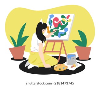 illustration of artist teenage girl painting on canvas on easel. sitting position. back view. paint buckets, brushes, many decoration plants. yellow background. abstract painting. flat vector