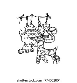 Illustration of Artistic Christmas Doodle Icon. Gingerbread Christmas Cookies. New Year Vintage Design for Christmas Card or Invitation on White