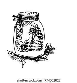 Illustration of Artistic Christmas Doodle Icon. Jar with Christmas Tree. New Year Vintage Design for Christmas Card or Invitation on White