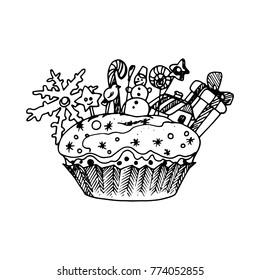 Illustration of Artistic Christmas Doodle Icon. Cake. New Year Vintage Design for Christmas Card or Invitation on White
