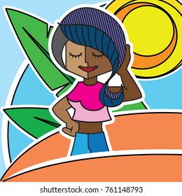 Illustration artistic composition, with lines and geometric shapes, a beautiful girl in a tropical environment. Ideal for art materials