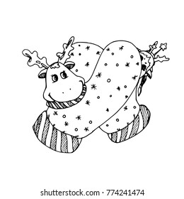 Illustration of Artistic Doodle Icon. Christmas Mittens in form Deer. New Year Vintage Design for Christmas Card or Invitation on White