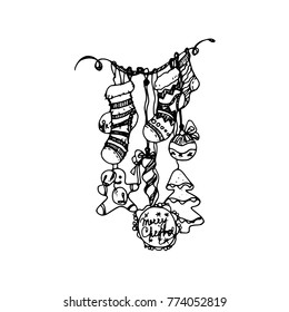 Illustration of Artistic Doodle Icon.Christmas Stocking, Balls on Rope. New Year Vintage Design for Christmas Card or Invitation on White Background