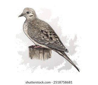 illustration Artistic drawing of a dove standing on a wooden tree trunk