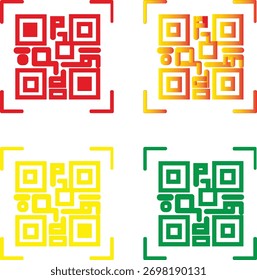 Ilustración del icono de código QR artístico establecido en cuatro colores diferentes (rojo, degradado, amarillo, verde). Diseño geométrico moderno con marco de escaneo. Simboliza el pago digital, los datos, el escaneo móvil.