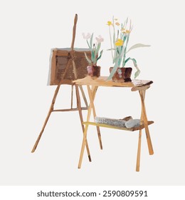 Illustration of an artist's easel and table with potted flowers. Wooden easel and table create a serene art studio vibe with blooming flowers. Vintage art painting vector.