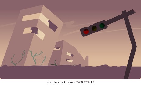 Illustration Artwork of City Ruins with Plats Crawling the Building, After the War