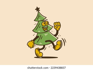 Illustration artwork design of a fir tree with legs and arms and a cheerful face