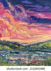 Illustration artwork of digital watercolor painting of beautifull pond and colourfull cloud in the sky amazing landscape