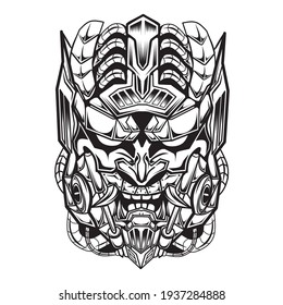 Illustration of artwork and t-shirt design in black sketch vector of a robot skull