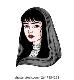 illustration arty hand drawn nun girl tatoo sticker and t-shirt design