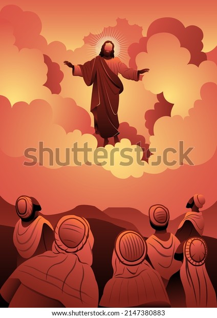An illustration of the\
ascension day of Jesus Christ. Vector illustration. Biblical\
Series