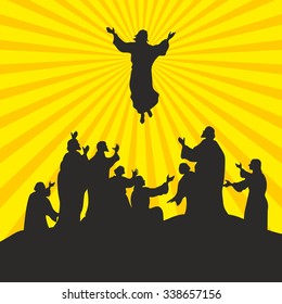 Illustration of the ascension of Jesus Christ. The apostles look at his teacher.