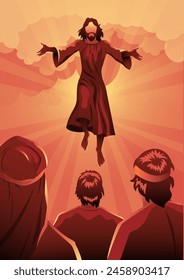 An illustration of ascention day of Jesus Christ, Jesus ascending into the open sky with his disciples watching